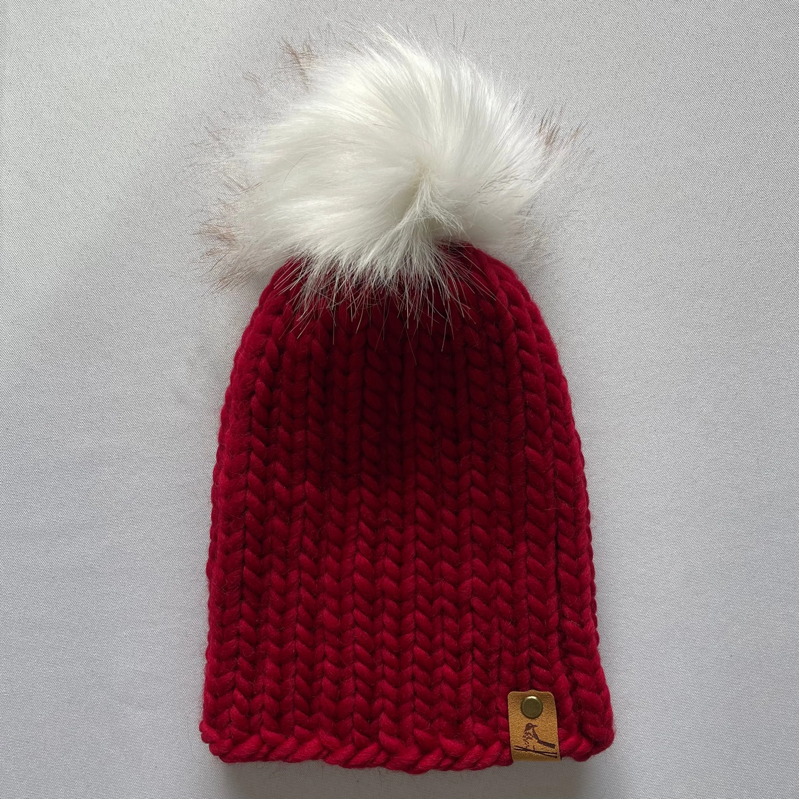 Red Peruvian Wool Knit Hat with Faux Fur Pom Pom