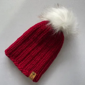 Red Peruvian Wool Knit Hat with Faux Fur Pom Pom