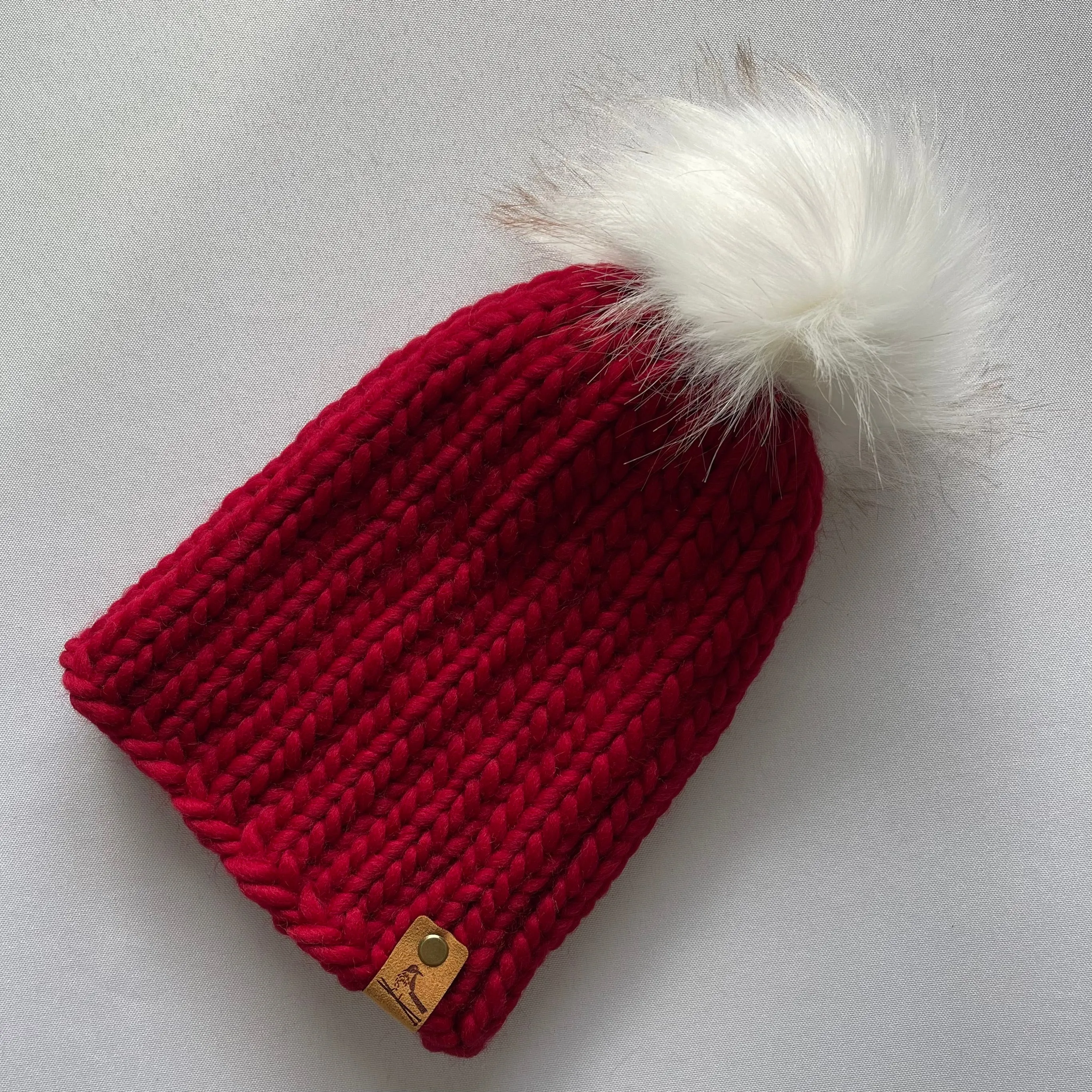 Red Peruvian Wool Knit Hat with Faux Fur Pom Pom