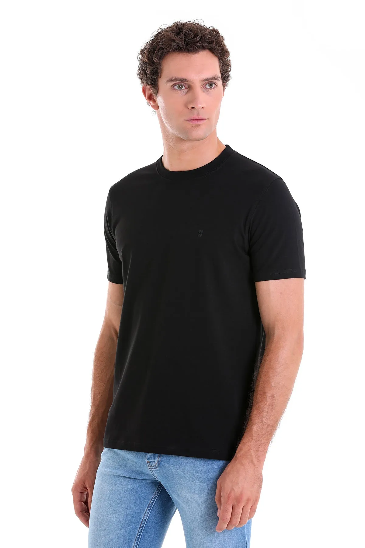 Regular Fit Cotton Blend Black Crewneck T-Shirt