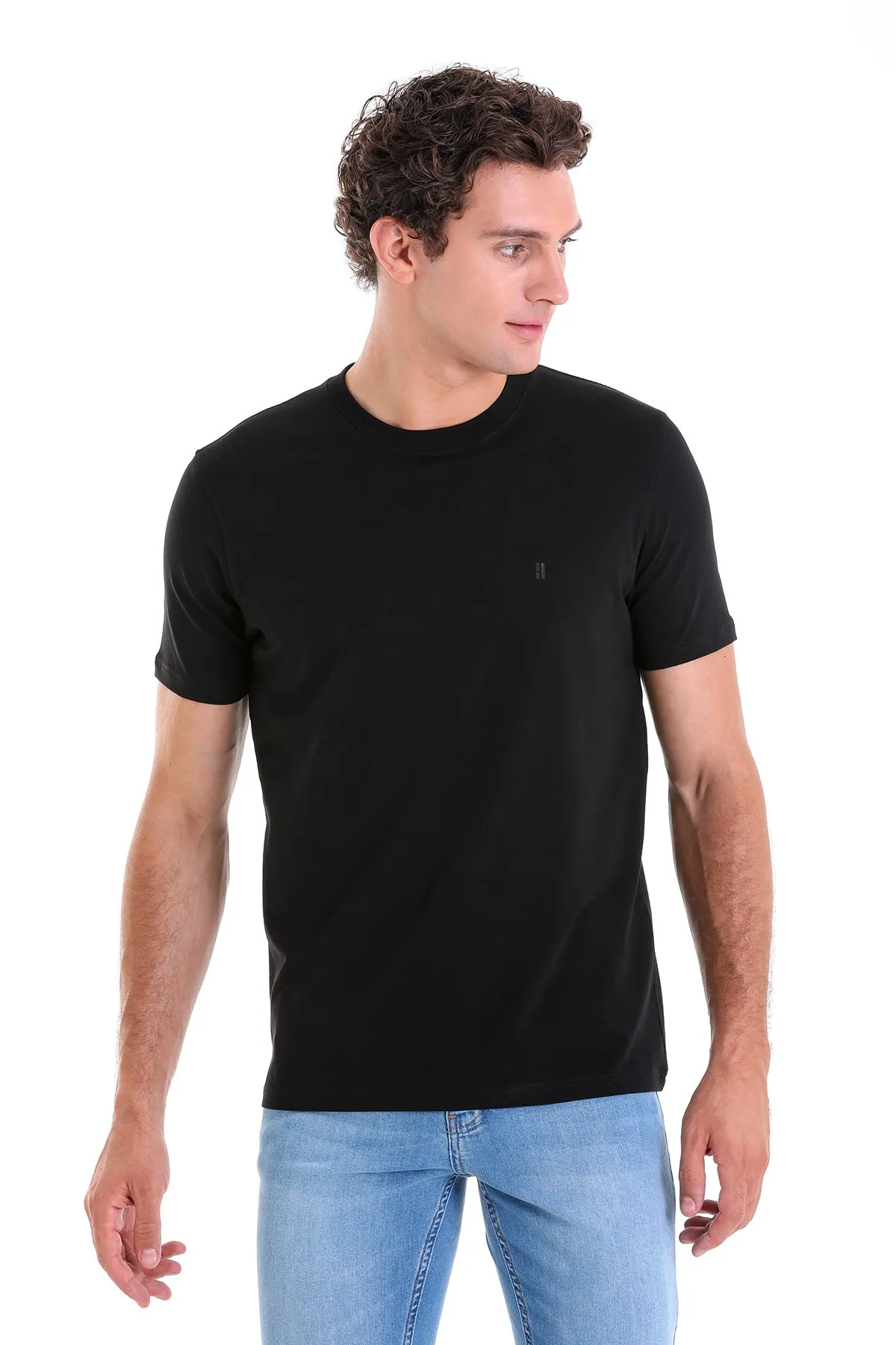 Regular Fit Cotton Blend Black Crewneck T-Shirt