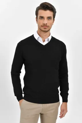 Regular Fit Cotton Blend Black V-Neck Sweater