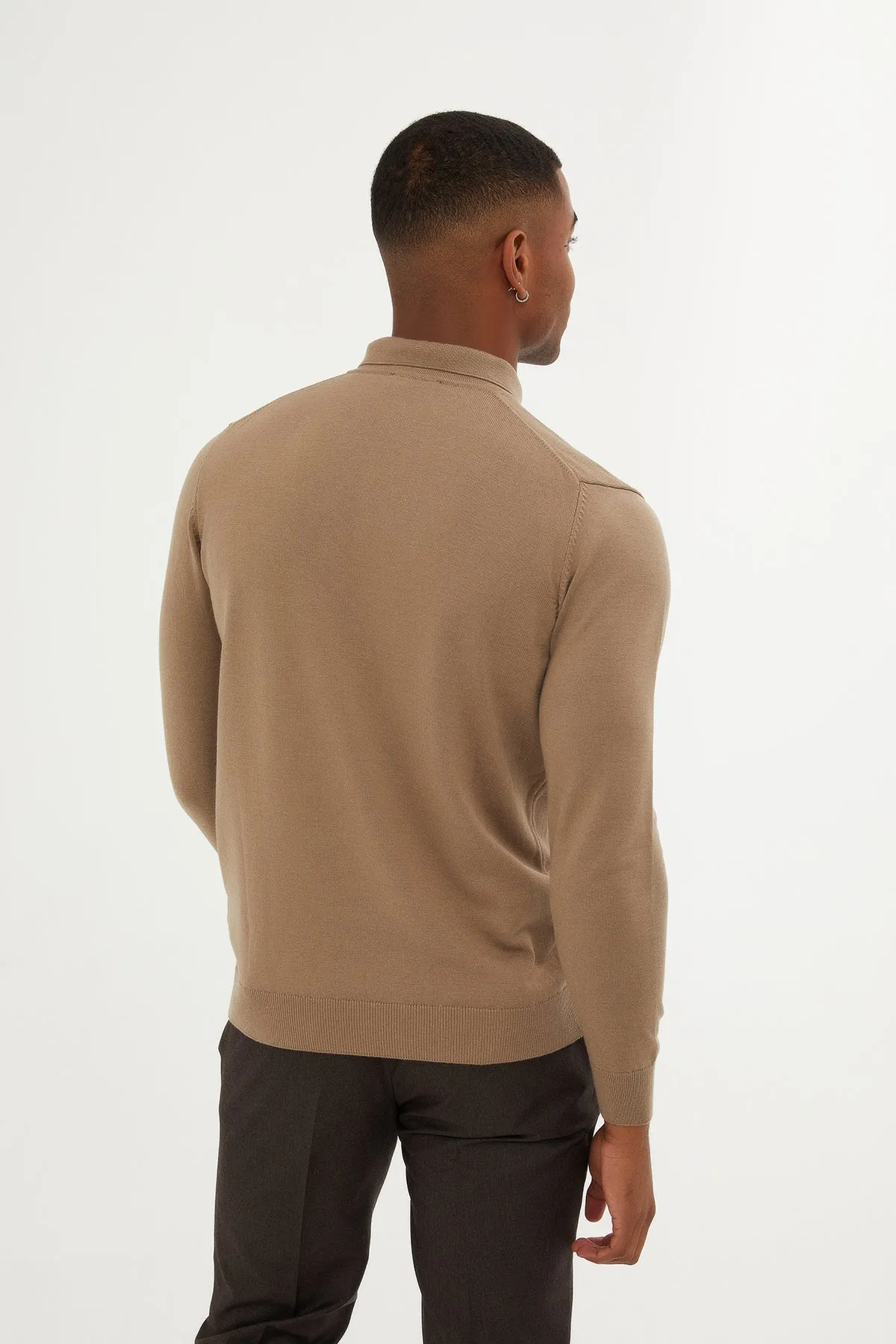 Regular Fit Plain Cotton Blend Grej Polo Sweater