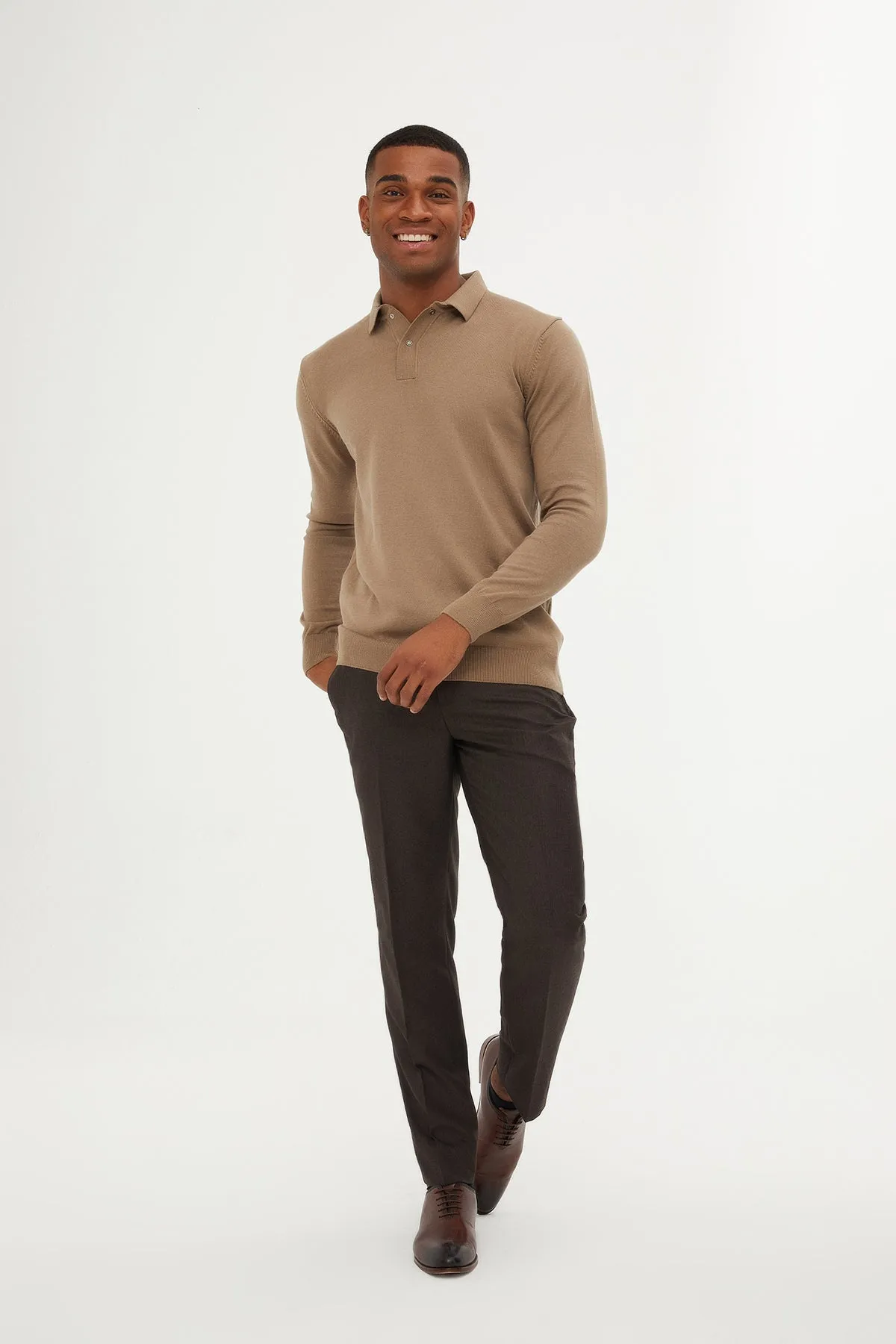 Regular Fit Plain Cotton Blend Grej Polo Sweater