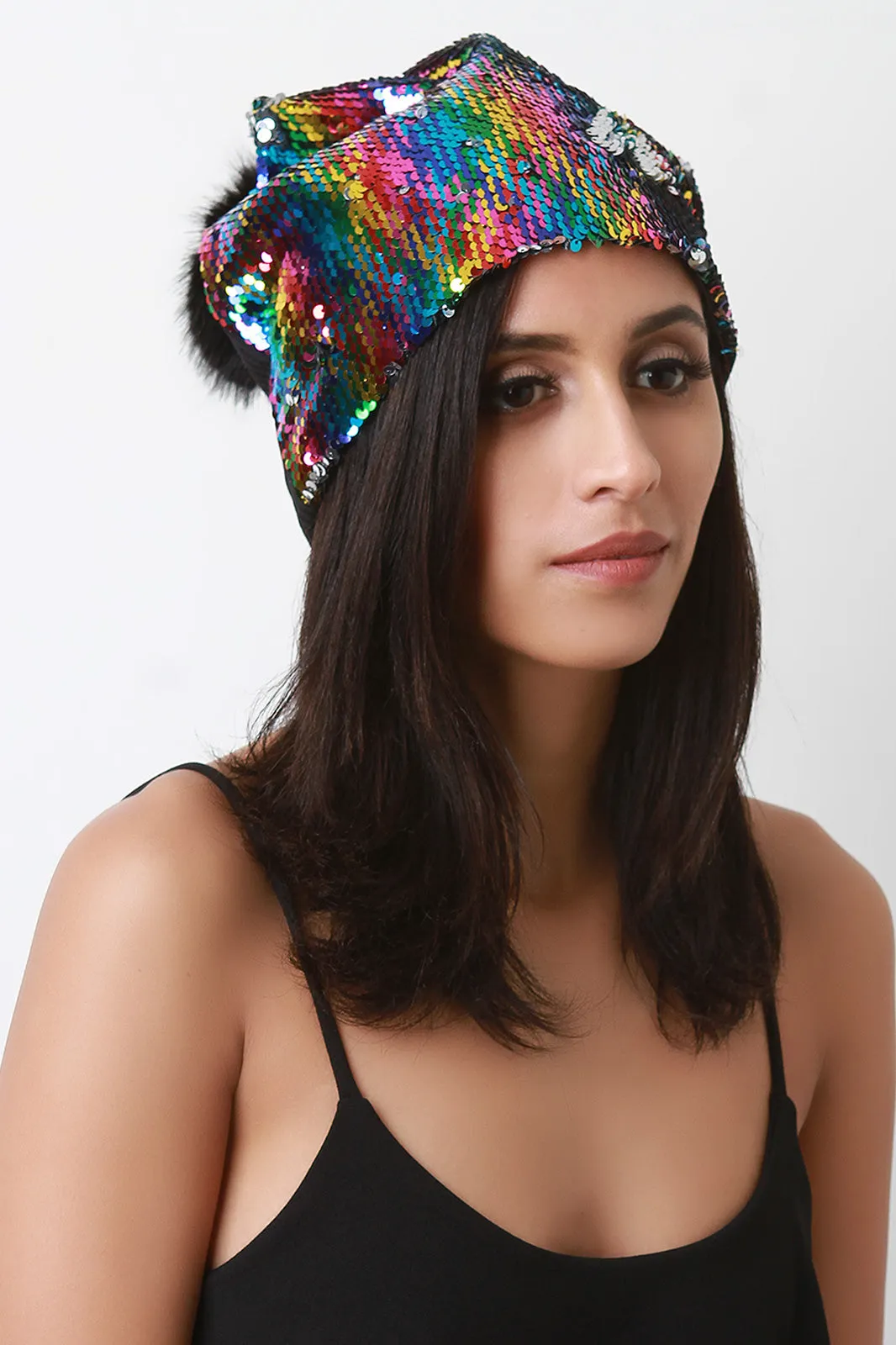 Sequin Pom Slouchy Beanie