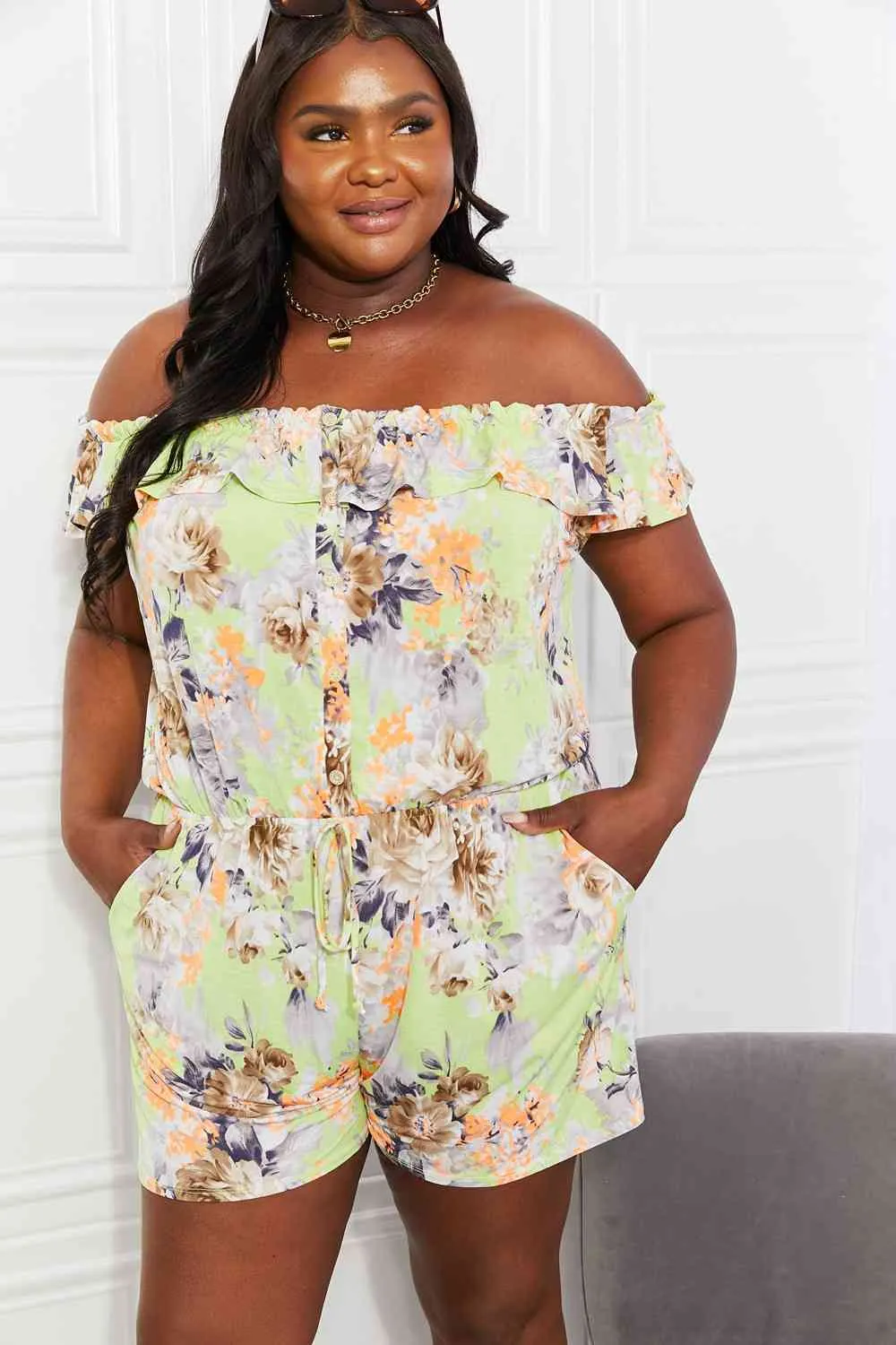 Sew In Love Full Size Pure Delight Floral Off-Shoulder Romper