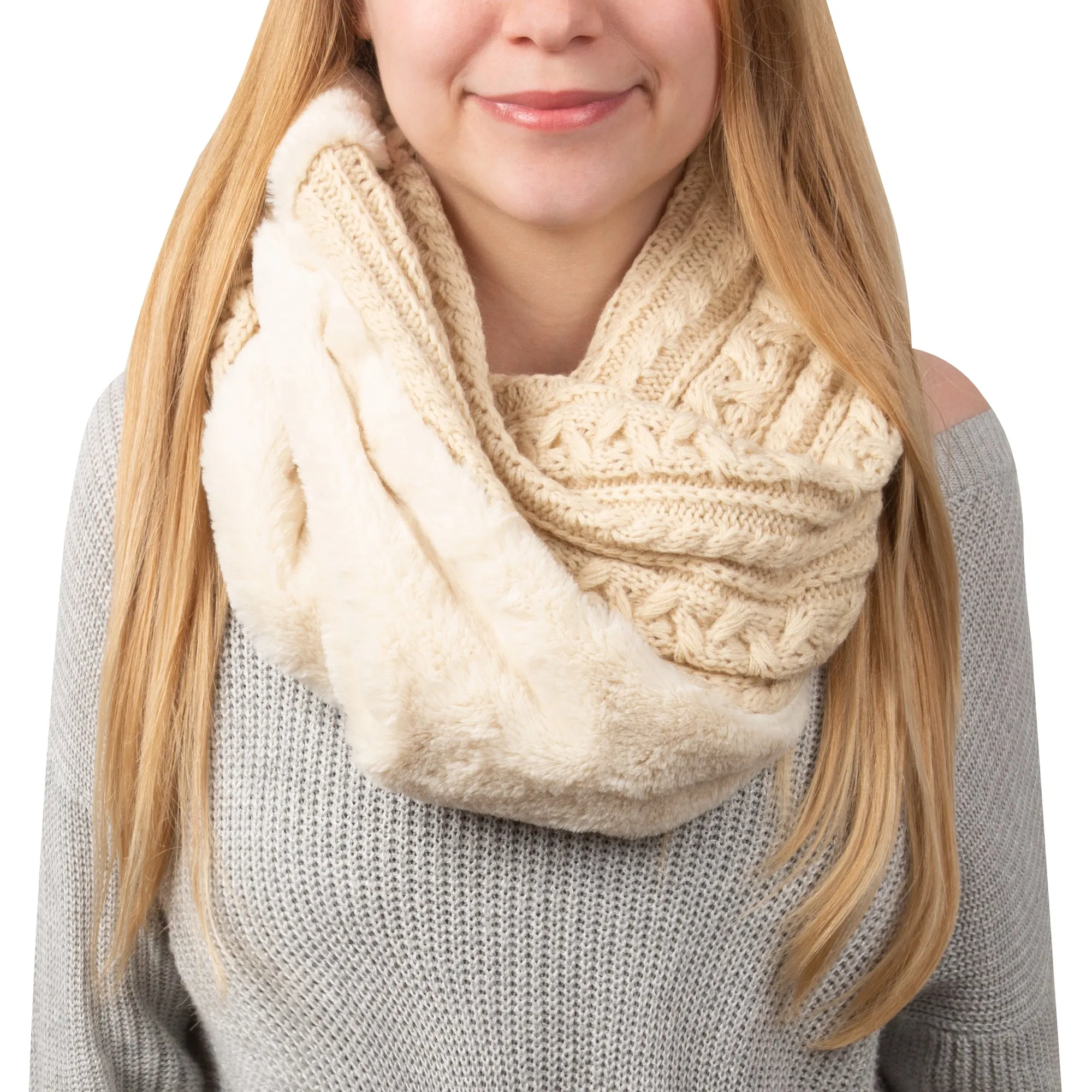 Soft Cable Knit & Faux Fur Infinity Scarf