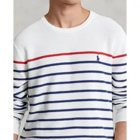 Striped Mesh Knit Cotton Sweater - Deckwash White