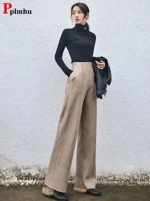 Super High Waist Wool Blend Warm Straight Loose Cashmere Thick Woolen Wide Pants