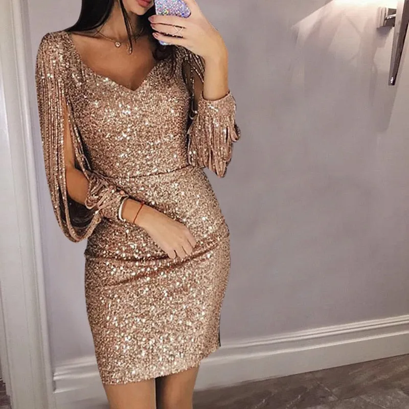 Tassel Sleeve V-Neck Stylish Party Dress