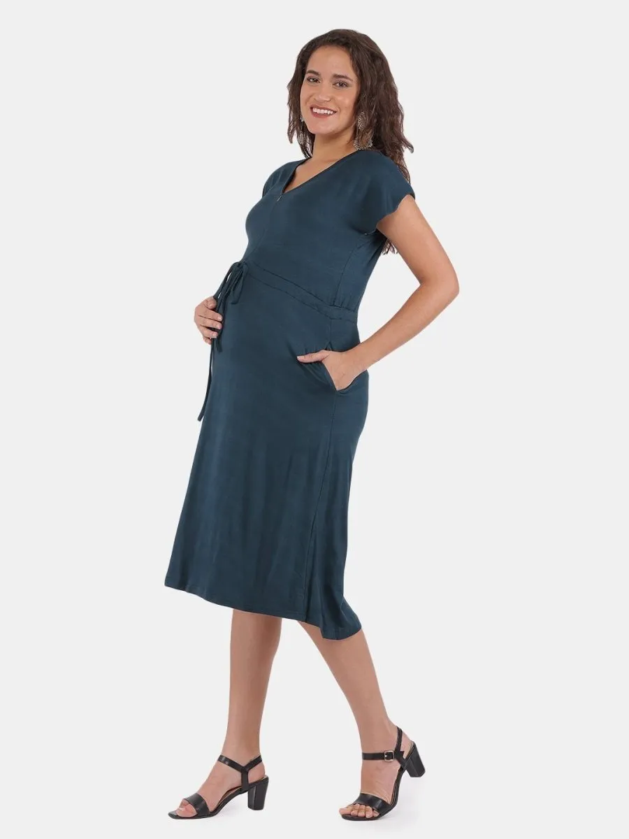 Teal Maternity and Nursing Drawstring Dress