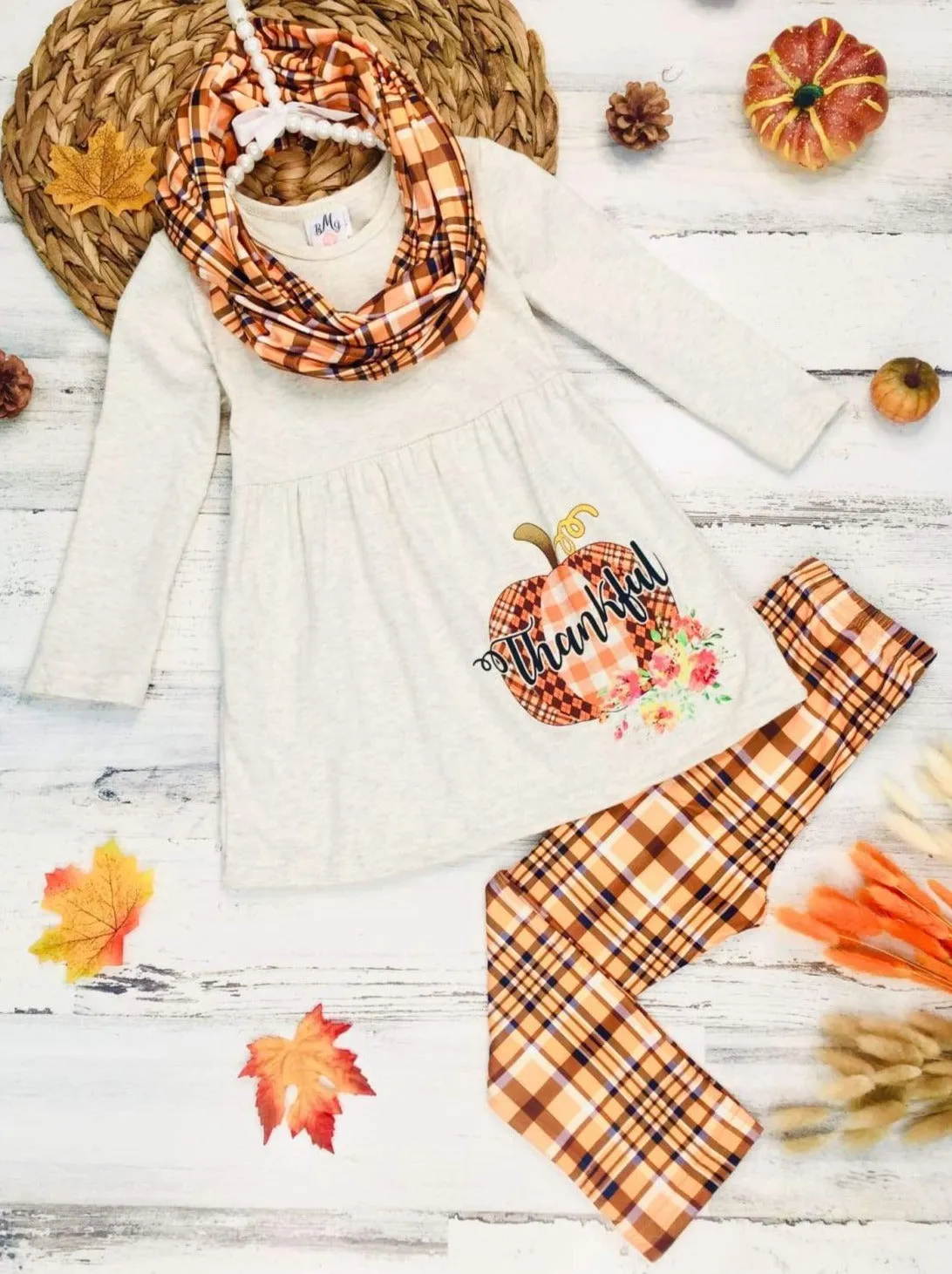 Thankful Pumpkin Tunic, Plaid Leggings And Scarf Set