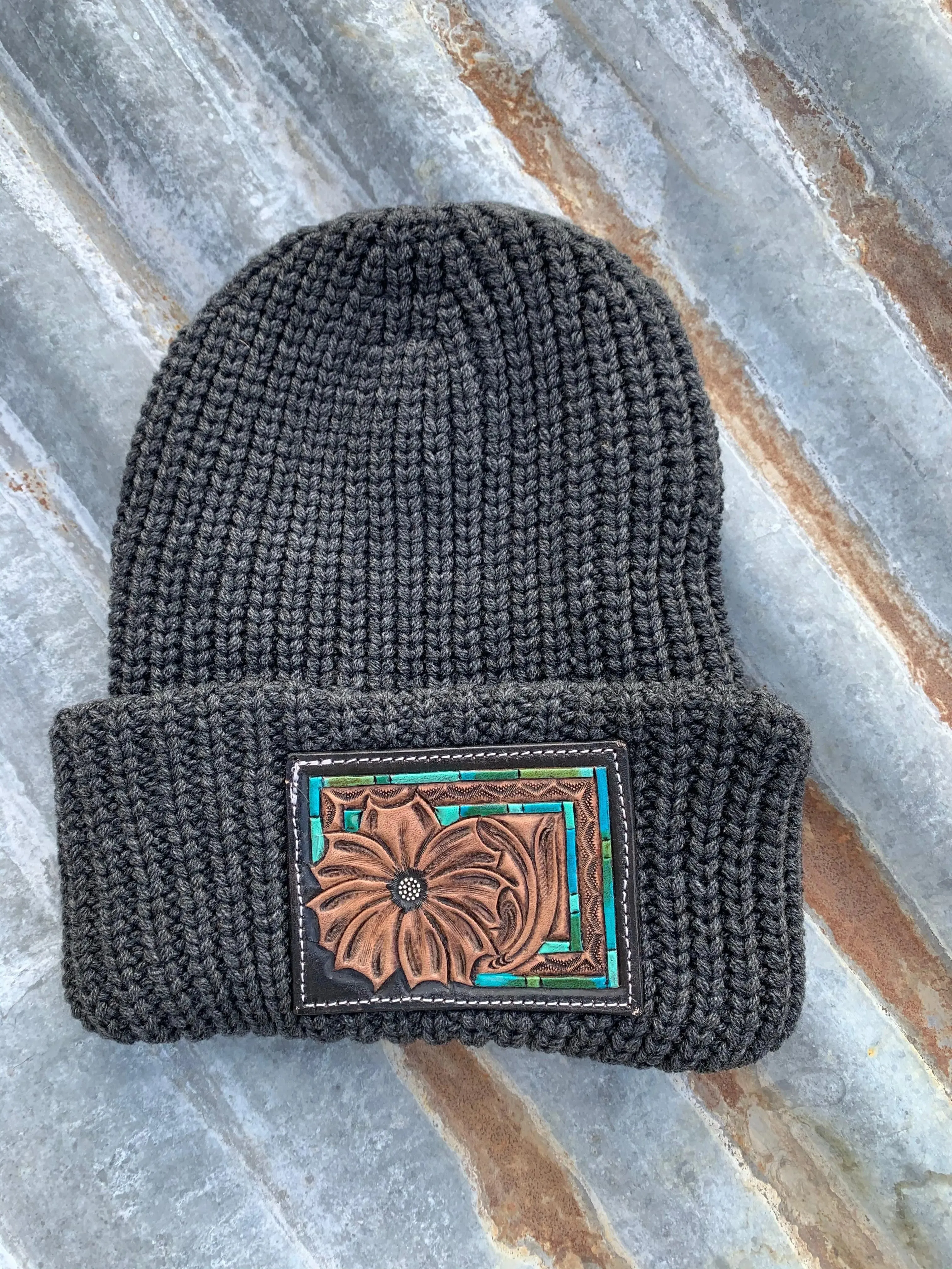 The Daisy Handtooled Leather Patch Beanie, Oversized in Turquoise and Southwest Border