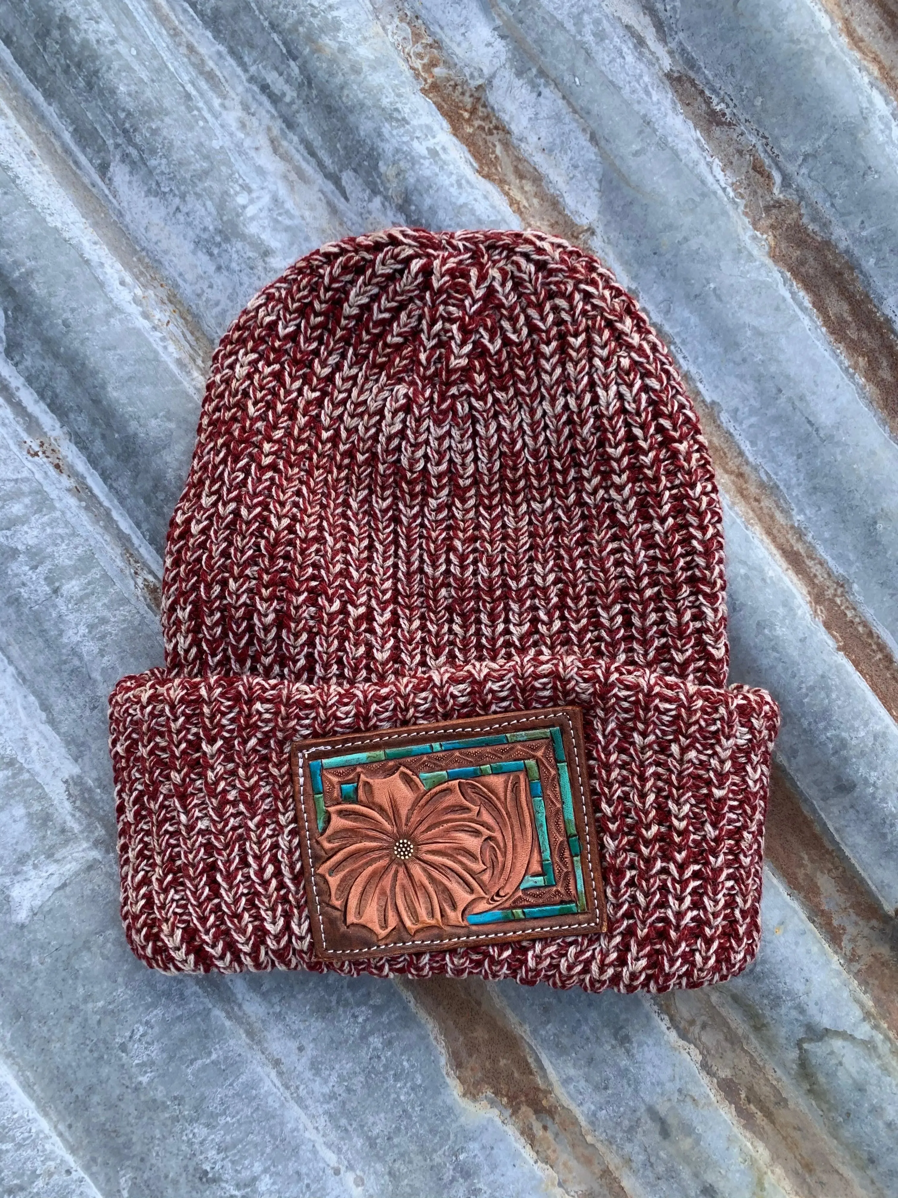 The Daisy Handtooled Leather Patch Beanie, Oversized in Turquoise and Southwest Border