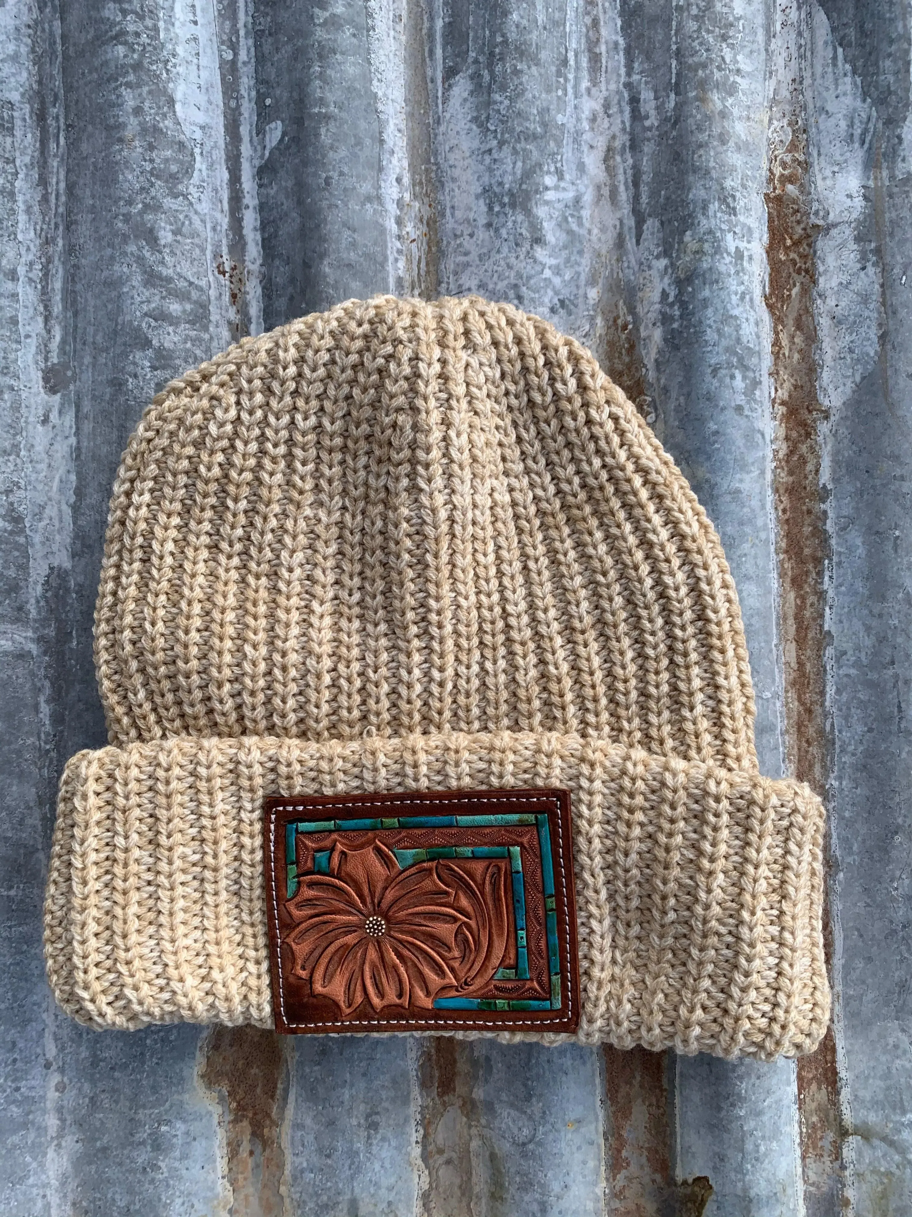 The Daisy Handtooled Leather Patch Beanie, Oversized in Turquoise and Southwest Border