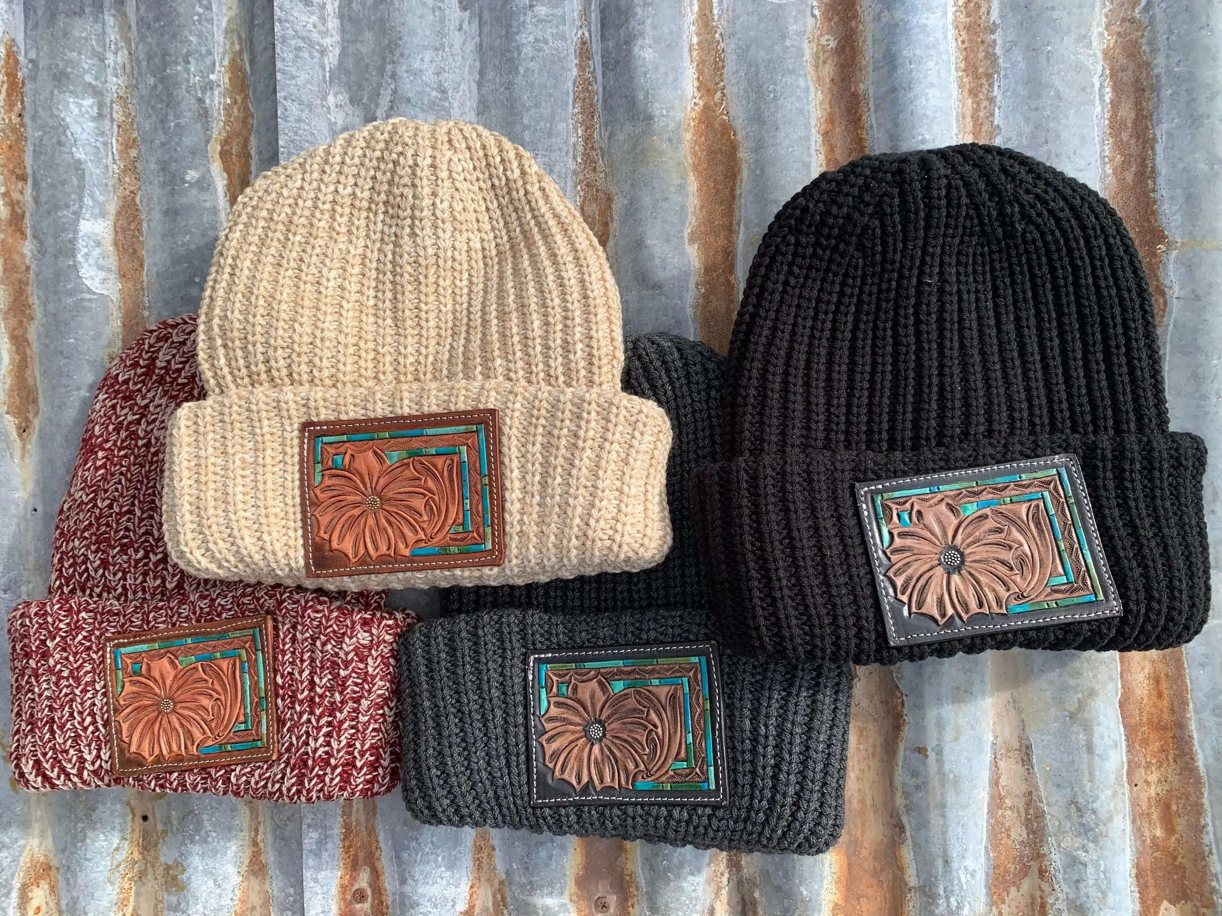 The Daisy Handtooled Leather Patch Beanie, Oversized in Turquoise and Southwest Border