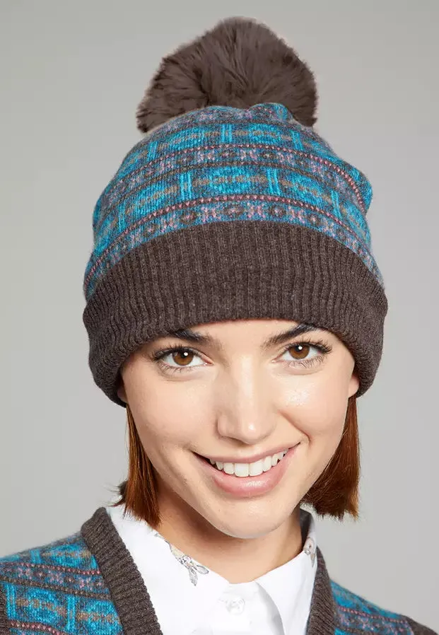 Toggi Beanie Hat Maddox Knitted Fairisle pattern in Teal mink