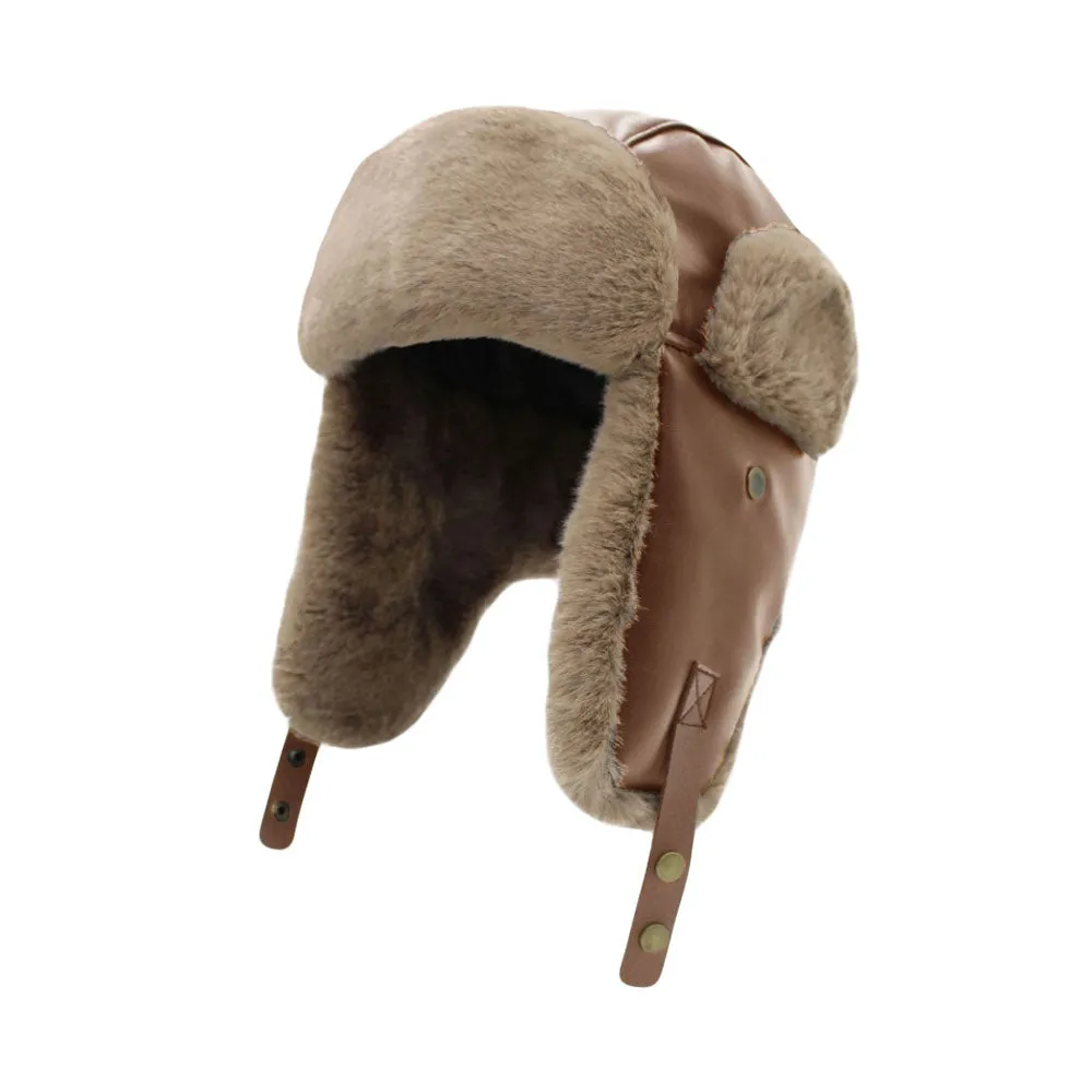 Trapper Russian Hat - Winter Trooper Ski Ear Flap Cap - Faux Leather Aviator Hats YZT0236