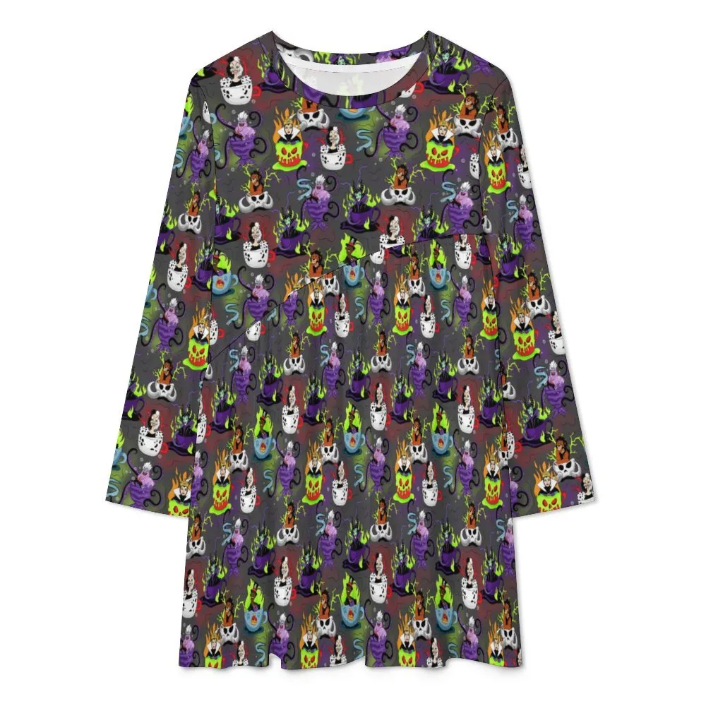 Villain Tea Cups Long Sleeve Patchwork T-shirt Dress