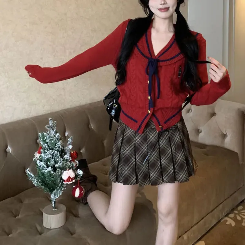 Wenkouban-Christmas Thanksgiving outfits_Korean Stylish Drawstring Bow Vintage Red Cardigan Christmas Sweater