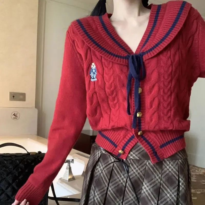 Wenkouban-Christmas Thanksgiving outfits_Korean Stylish Drawstring Bow Vintage Red Cardigan Christmas Sweater