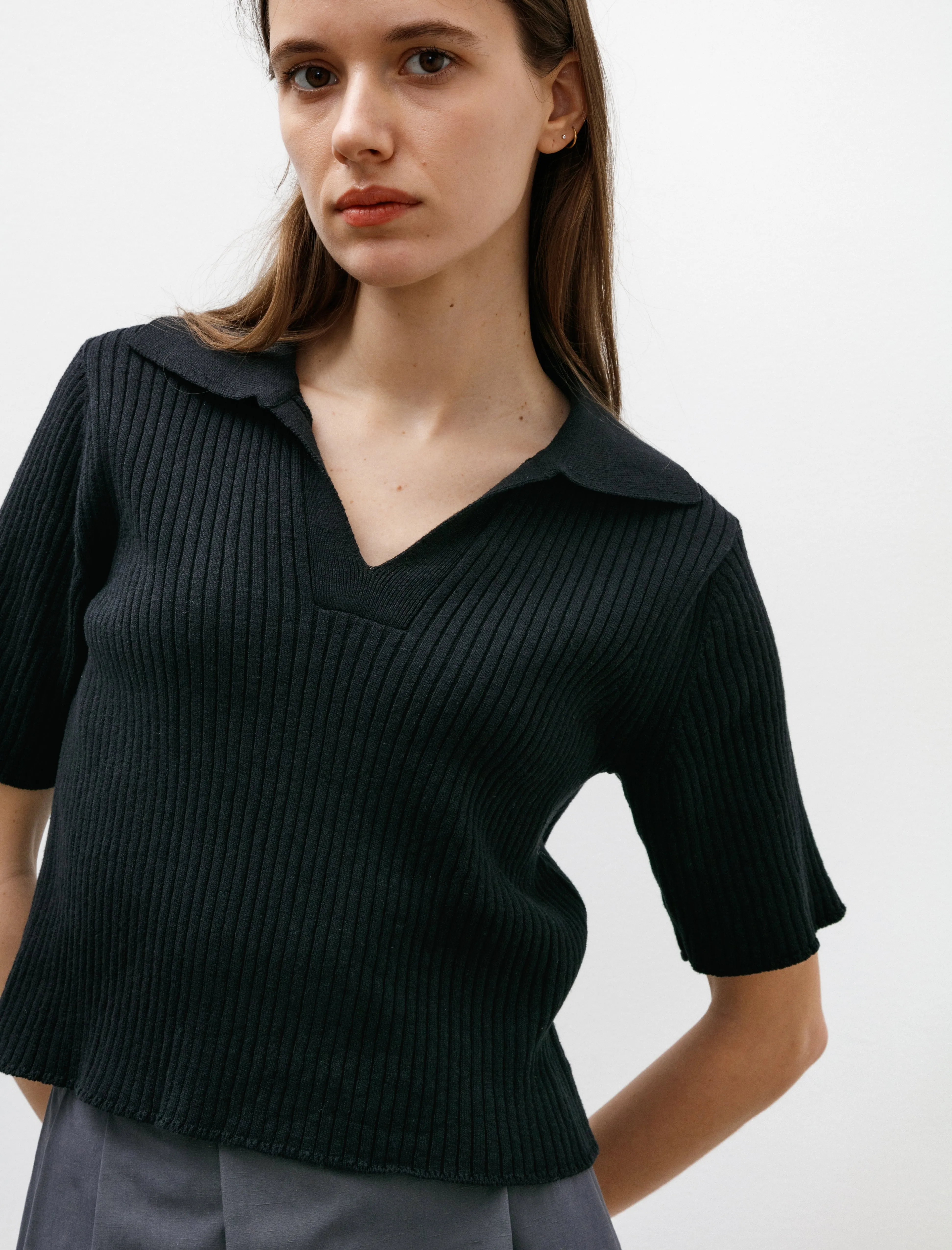 Wide Rib SS Knit Polo Black