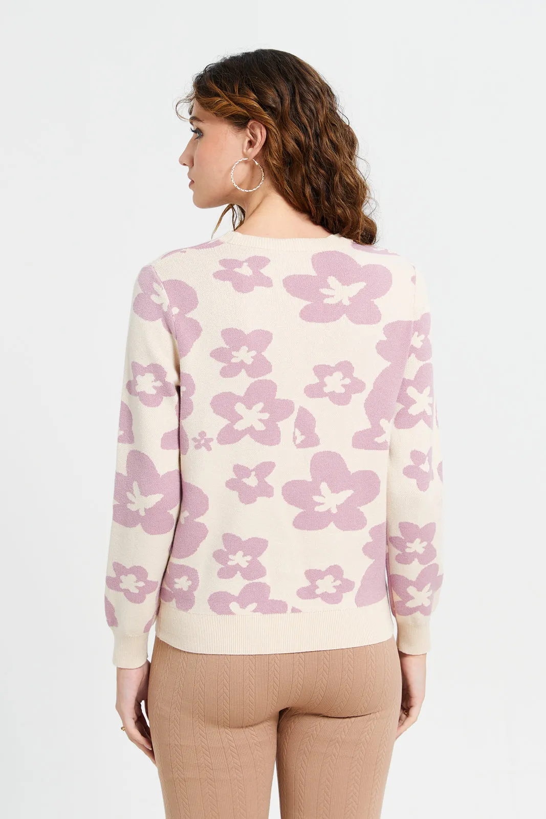 Women Beige And Lilac Floral Print Cardigan