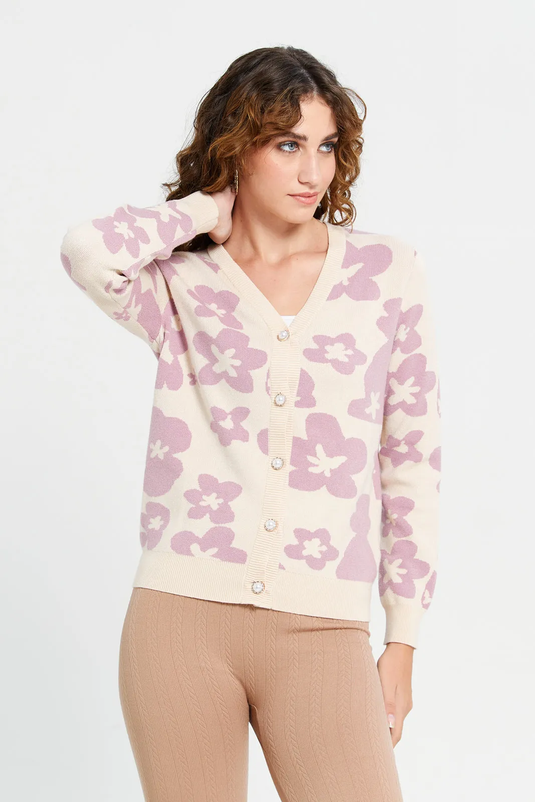 Women Beige And Lilac Floral Print Cardigan