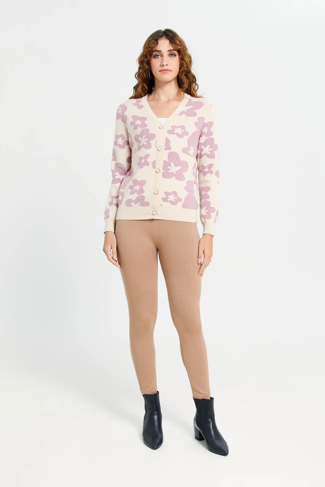 Women Beige And Lilac Floral Print Cardigan