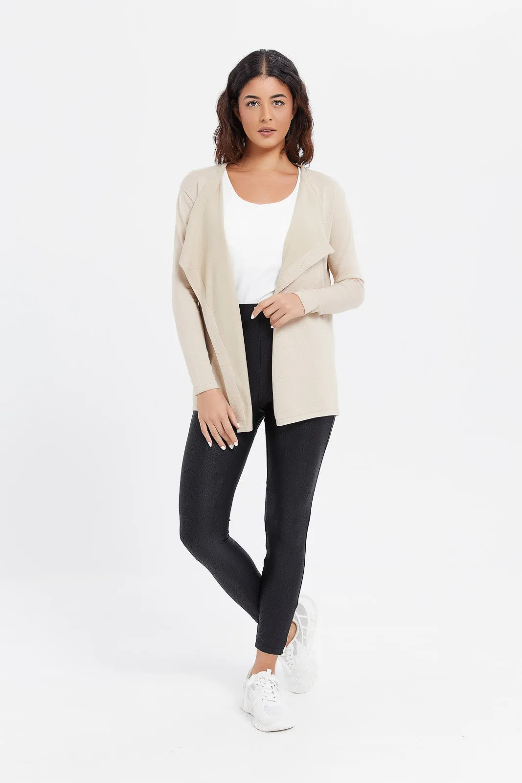 Women Beige Waterfall Cardigan