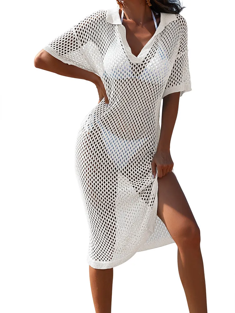 Women V Neck Hollow Out Crochet  Knit Cover Up Beach Swimwear Dress