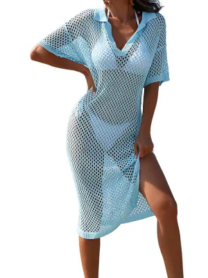 Women V Neck Hollow Out Crochet  Knit Cover Up Beach Swimwear Dress