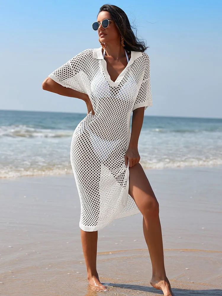 Women V Neck Hollow Out Crochet  Knit Cover Up Beach Swimwear Dress