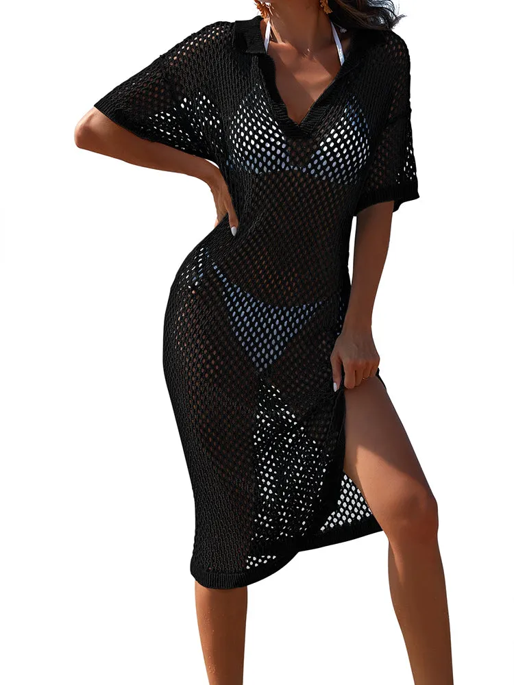 Women V Neck Hollow Out Crochet  Knit Cover Up Beach Swimwear Dress