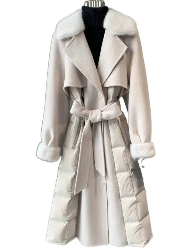 Women's Cashmere & Woolen Trench Coat with Fur Collar