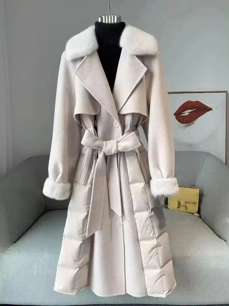 Women's Cashmere & Woolen Trench Coat with Fur Collar