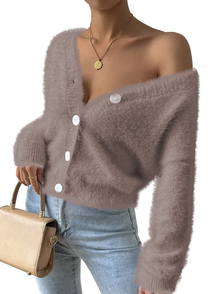 Women's Furry Cropped Cardigan Open Front Button Down Loose Knit Sweater Coat