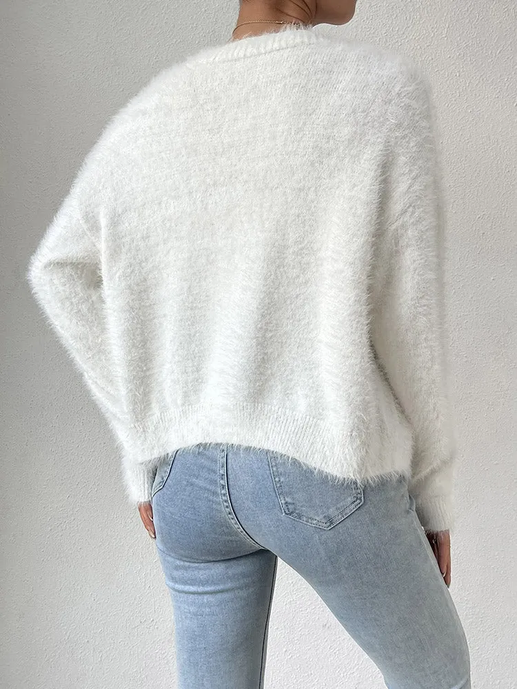 Women's Furry Cropped Cardigan Open Front Button Down Loose Knit Sweater Coat