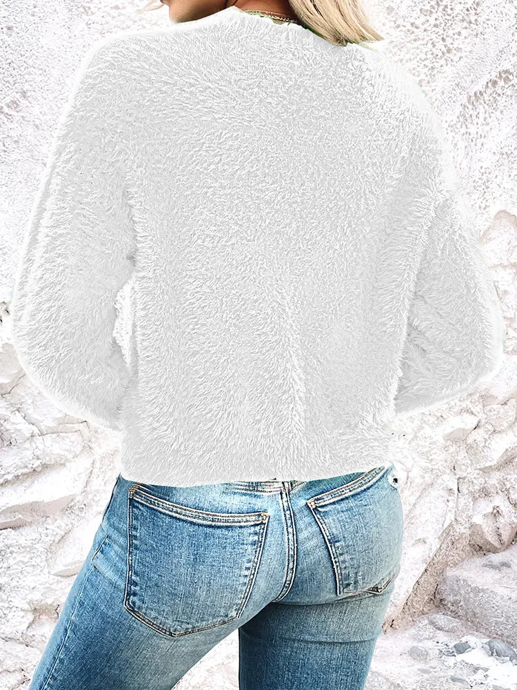 Women's Furry Cropped Cardigan Open Front Button Down Loose Knit Sweater Coat