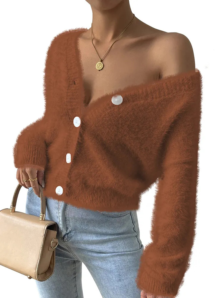 Women's Furry Cropped Cardigan Open Front Button Down Loose Knit Sweater Coat