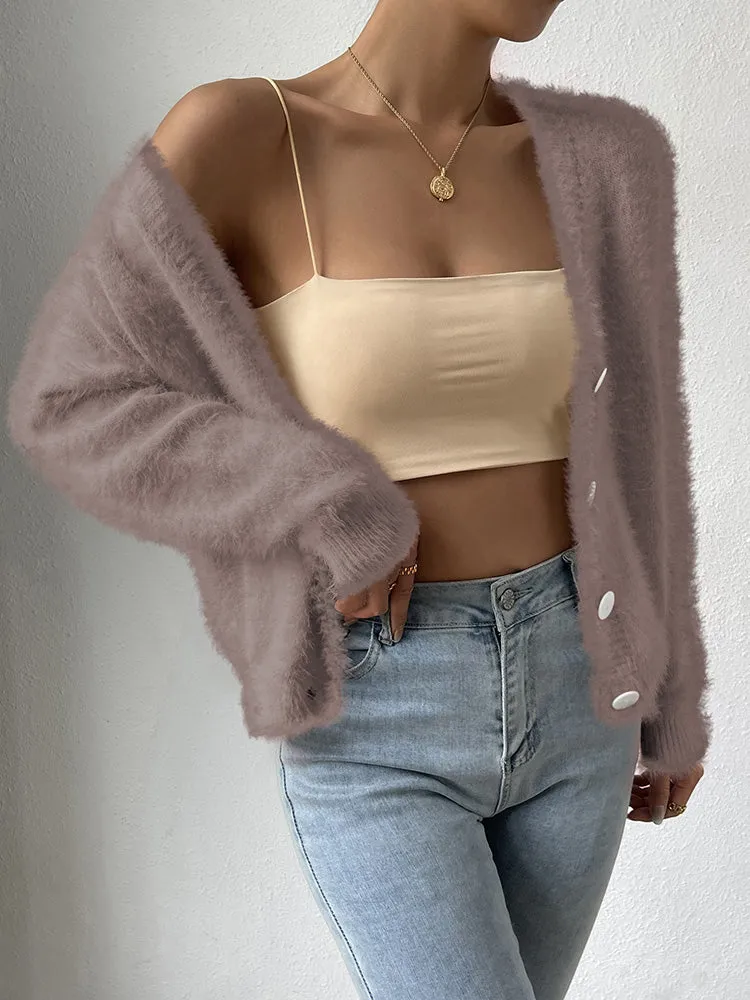 Women's Furry Cropped Cardigan Open Front Button Down Loose Knit Sweater Coat