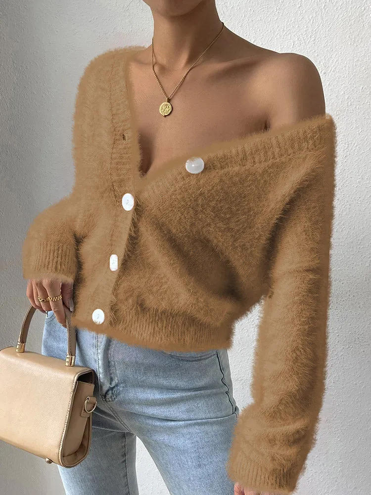 Women's Furry Cropped Cardigan Open Front Button Down Loose Knit Sweater Coat