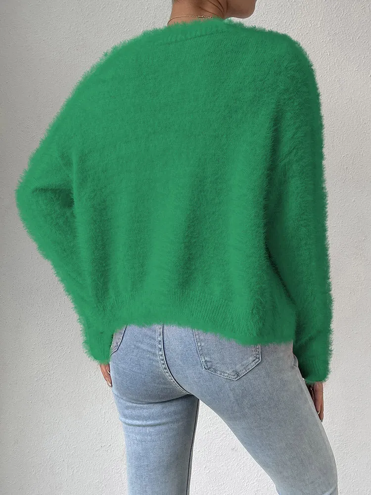 Women's Furry Cropped Cardigan Open Front Button Down Loose Knit Sweater Coat