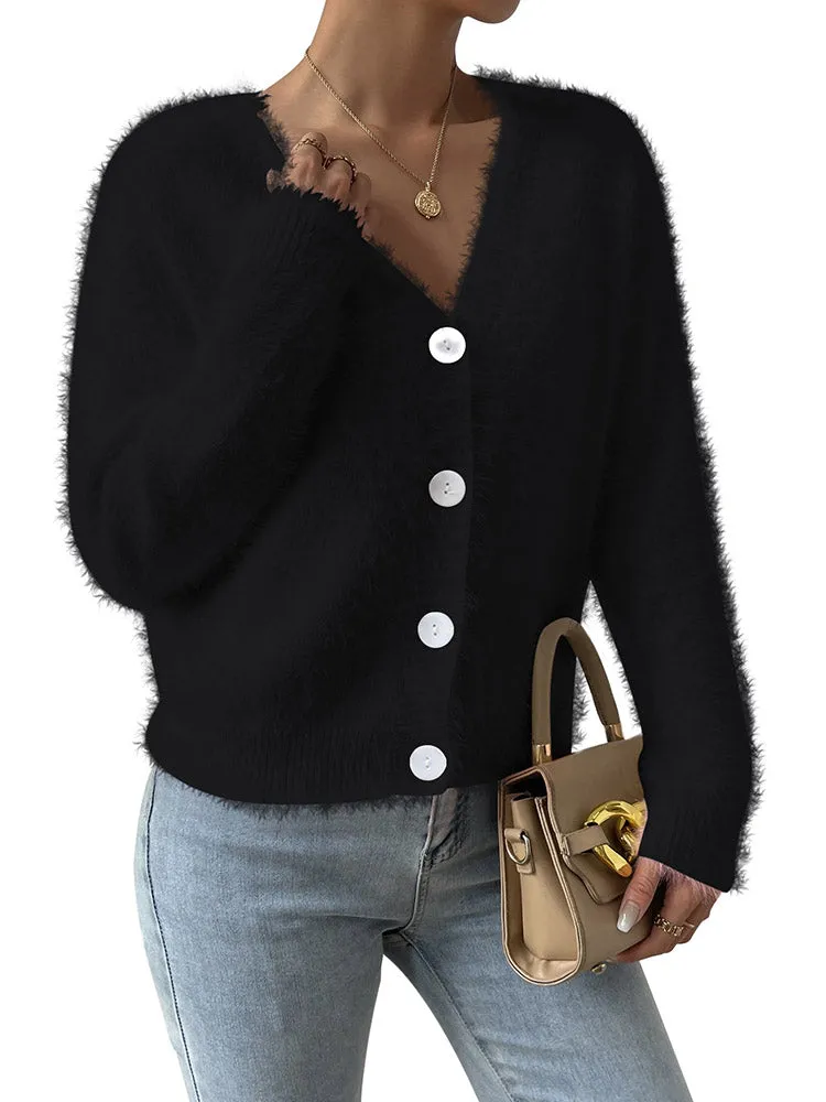 Women's Furry Cropped Cardigan Open Front Button Down Loose Knit Sweater Coat