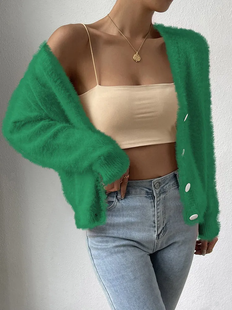 Women's Furry Cropped Cardigan Open Front Button Down Loose Knit Sweater Coat