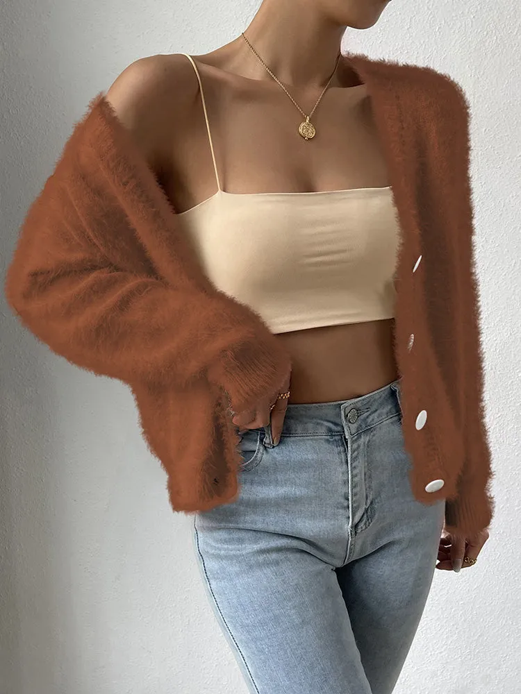 Women's Furry Cropped Cardigan Open Front Button Down Loose Knit Sweater Coat