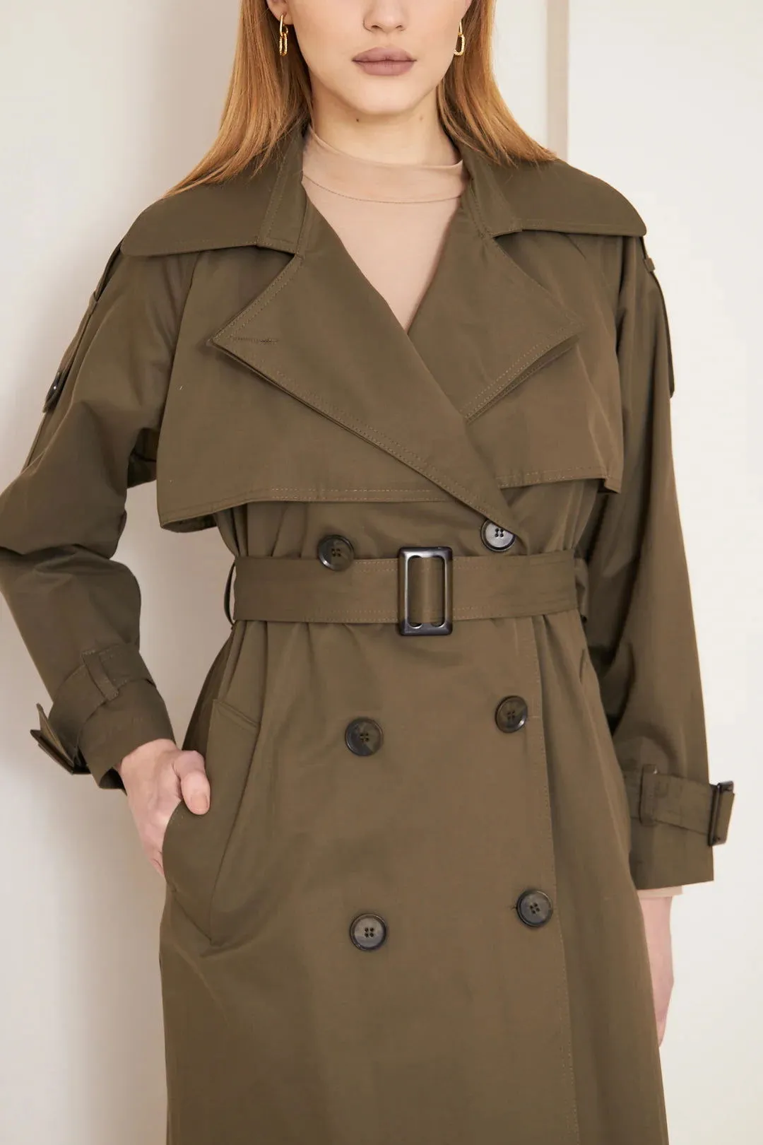 Women's Long Trench Coat with Double Collar Detail - Khaki - SCB-W12392