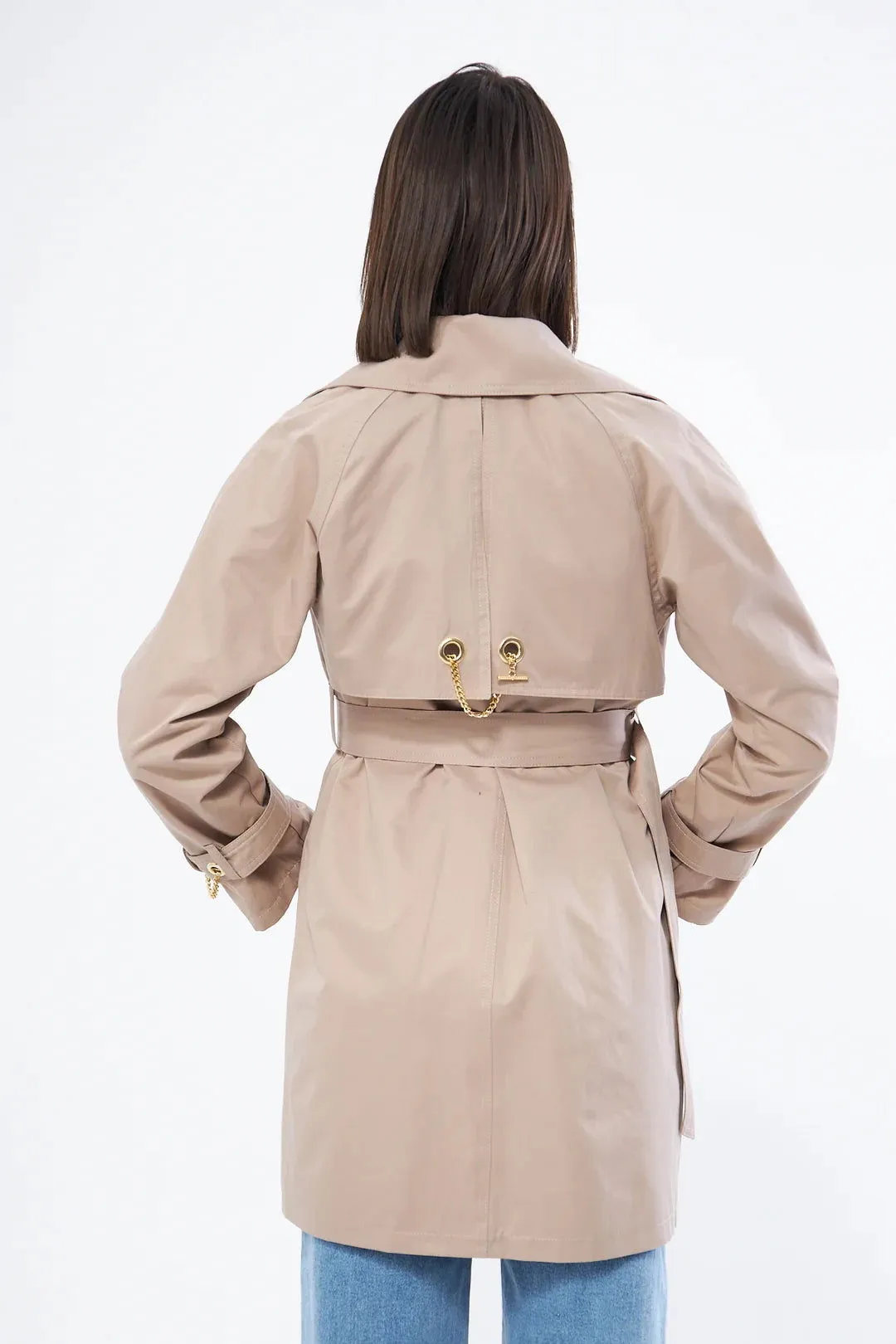 Women's Short Trench Coat with Chain Detail - Beige - SCB-W12404