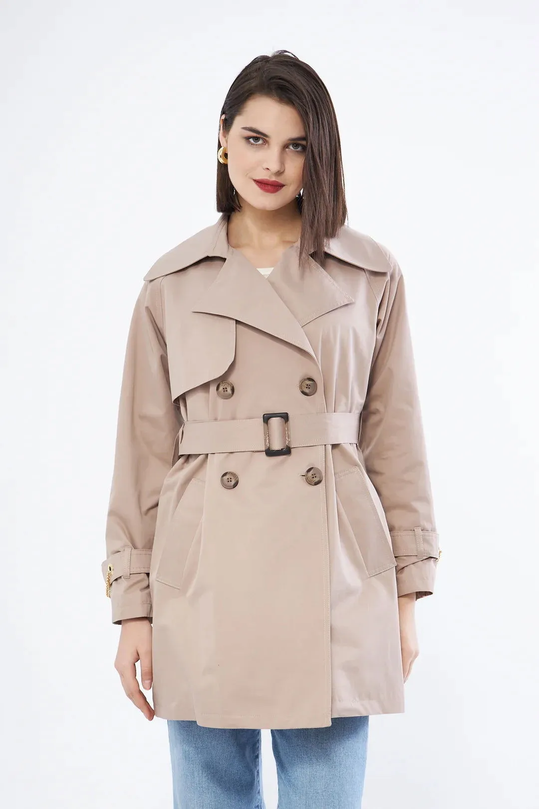 Women's Short Trench Coat with Chain Detail - Beige - SCB-W12404