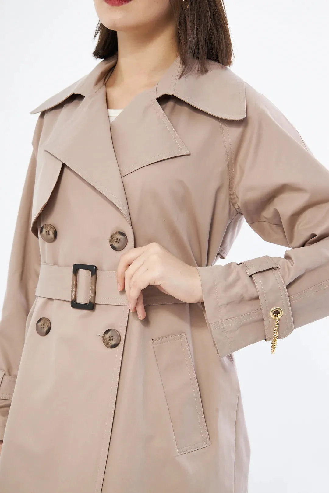 Women's Short Trench Coat with Chain Detail - Beige - SCB-W12404